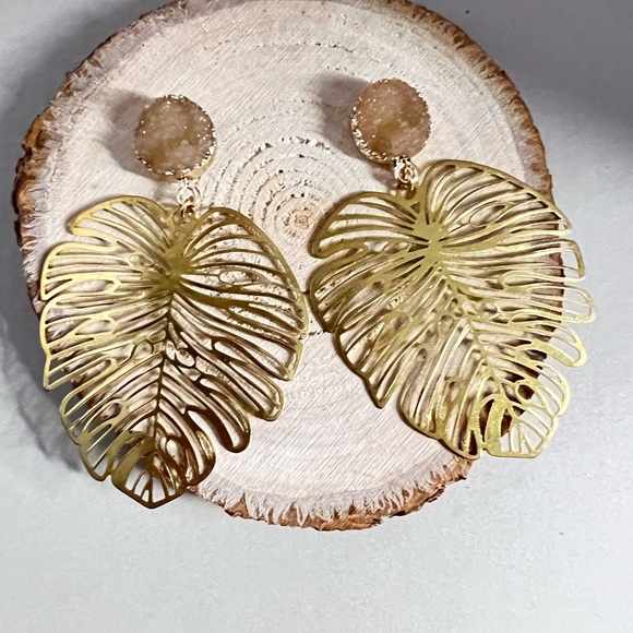 Elegant Gold Monstera Leaf Dangle Earrings - Trendy Boho Chic Leaf Earrings - Picture 14 of 16